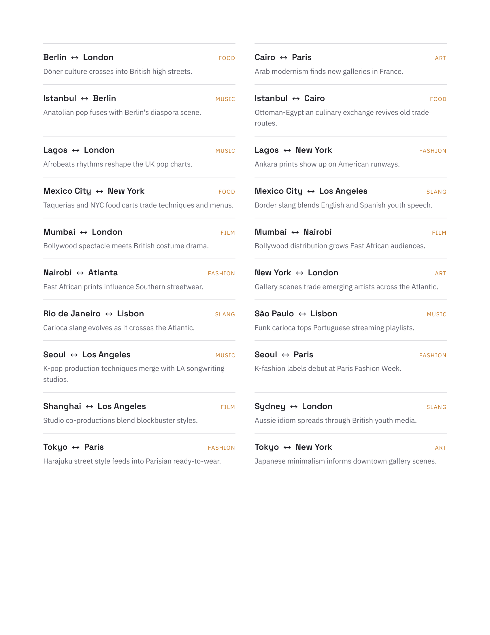 Culture Flow city connections directory