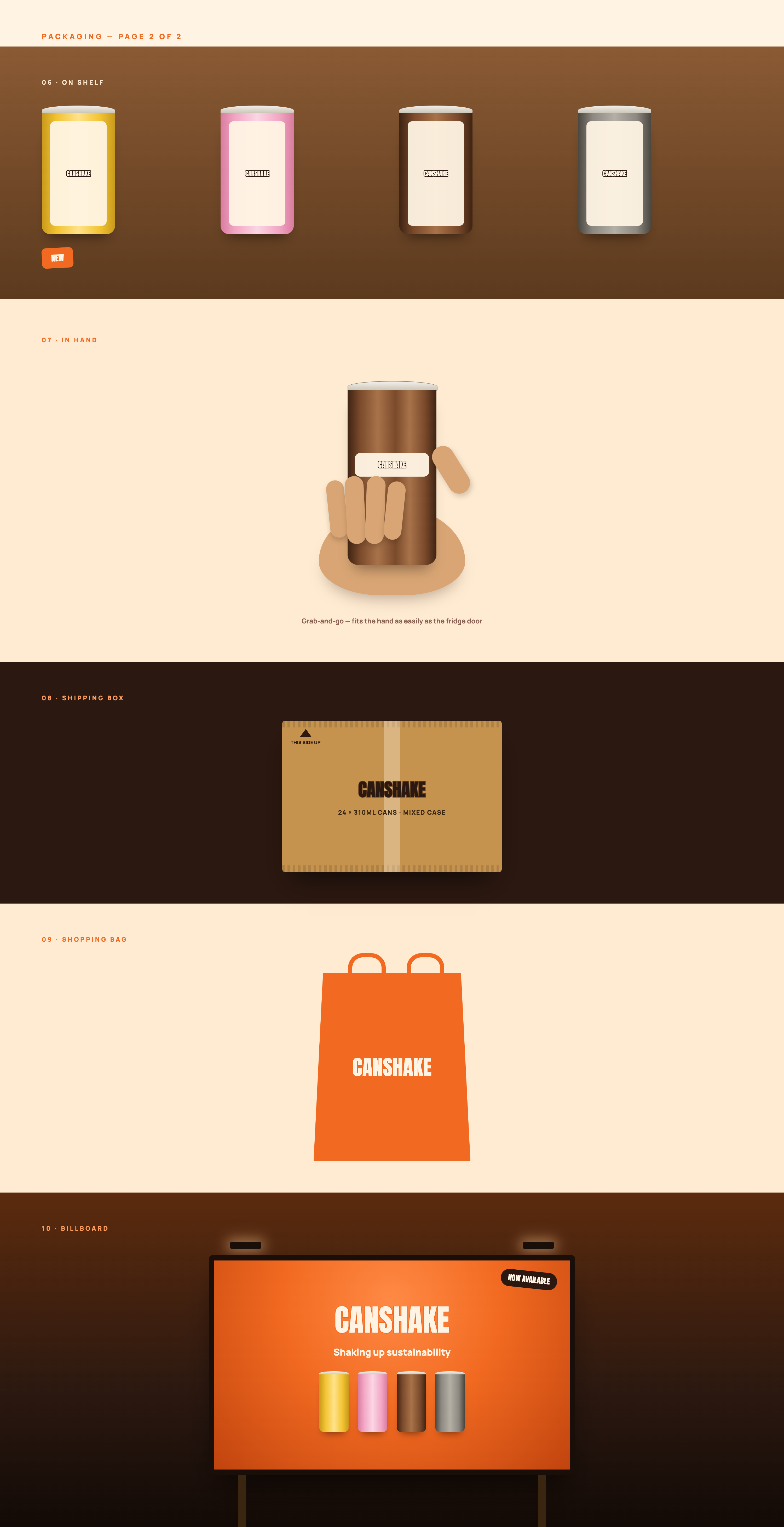 CanShake full packaging system, page 2 — on shelf, in hand, shipping box, shopping bag, billboard