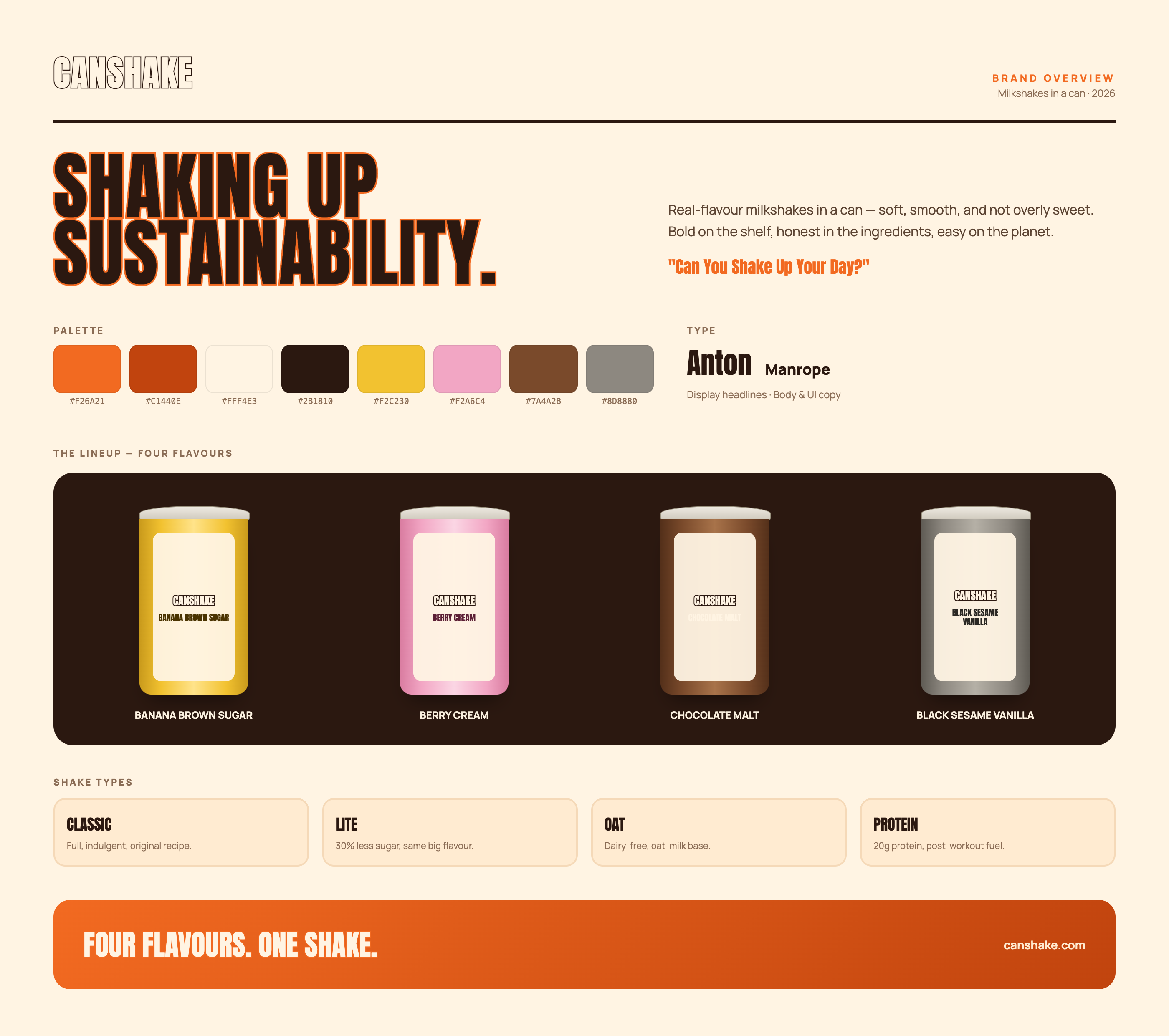 CanShake brand overview — palette, typography, flavour lineup and shake types