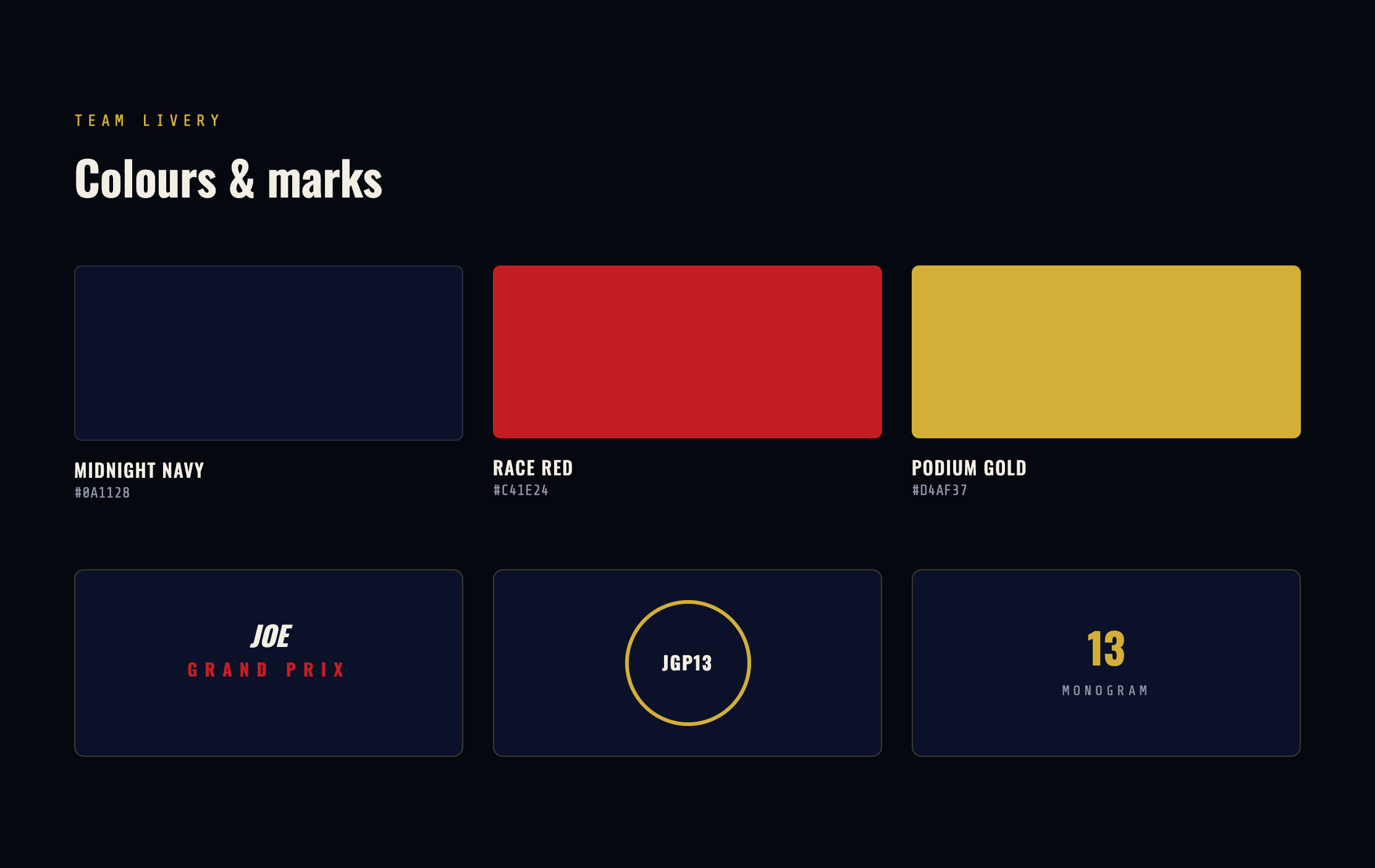 Joe Grand Prix team livery — colours and marks