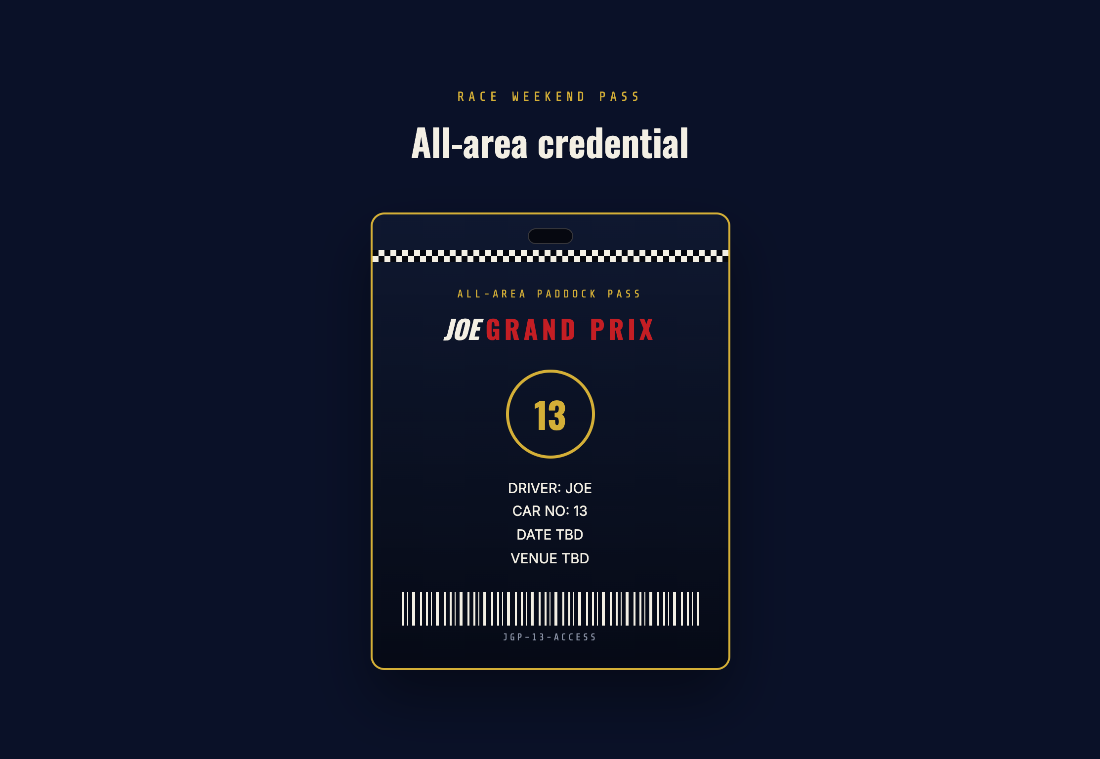 Joe Grand Prix all-area paddock pass