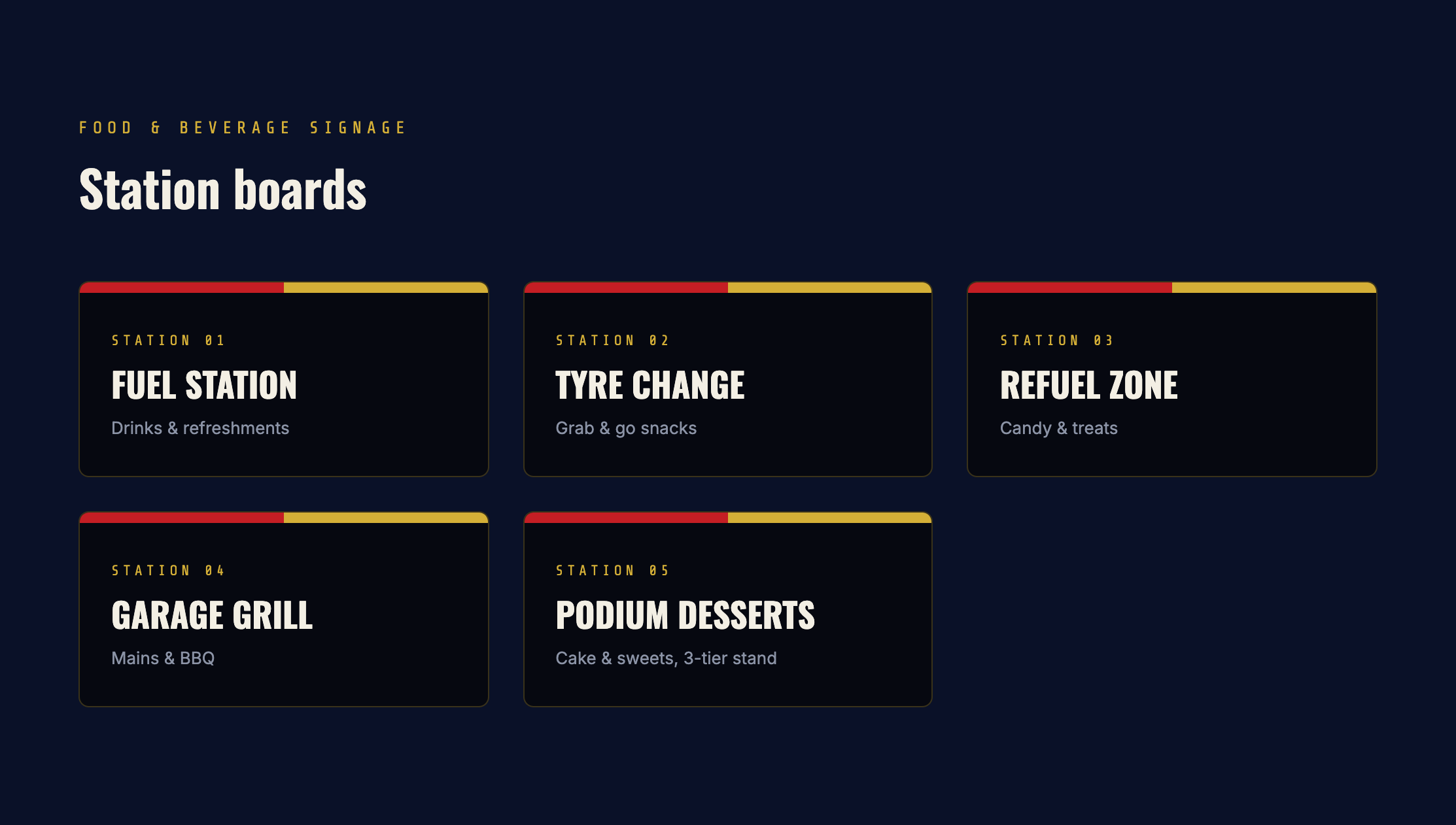 Joe Grand Prix food and beverage station boards
