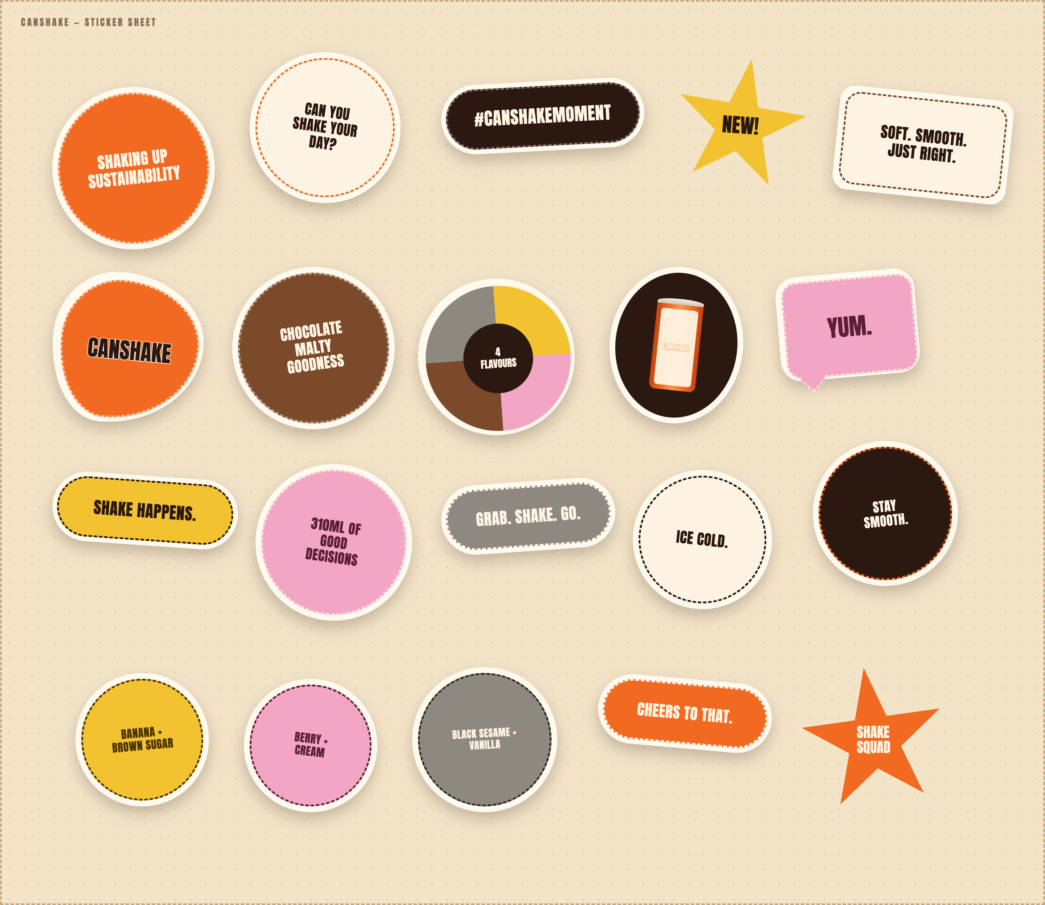 CanShake sticker sheet featuring brand taglines, flavours and product illustrations