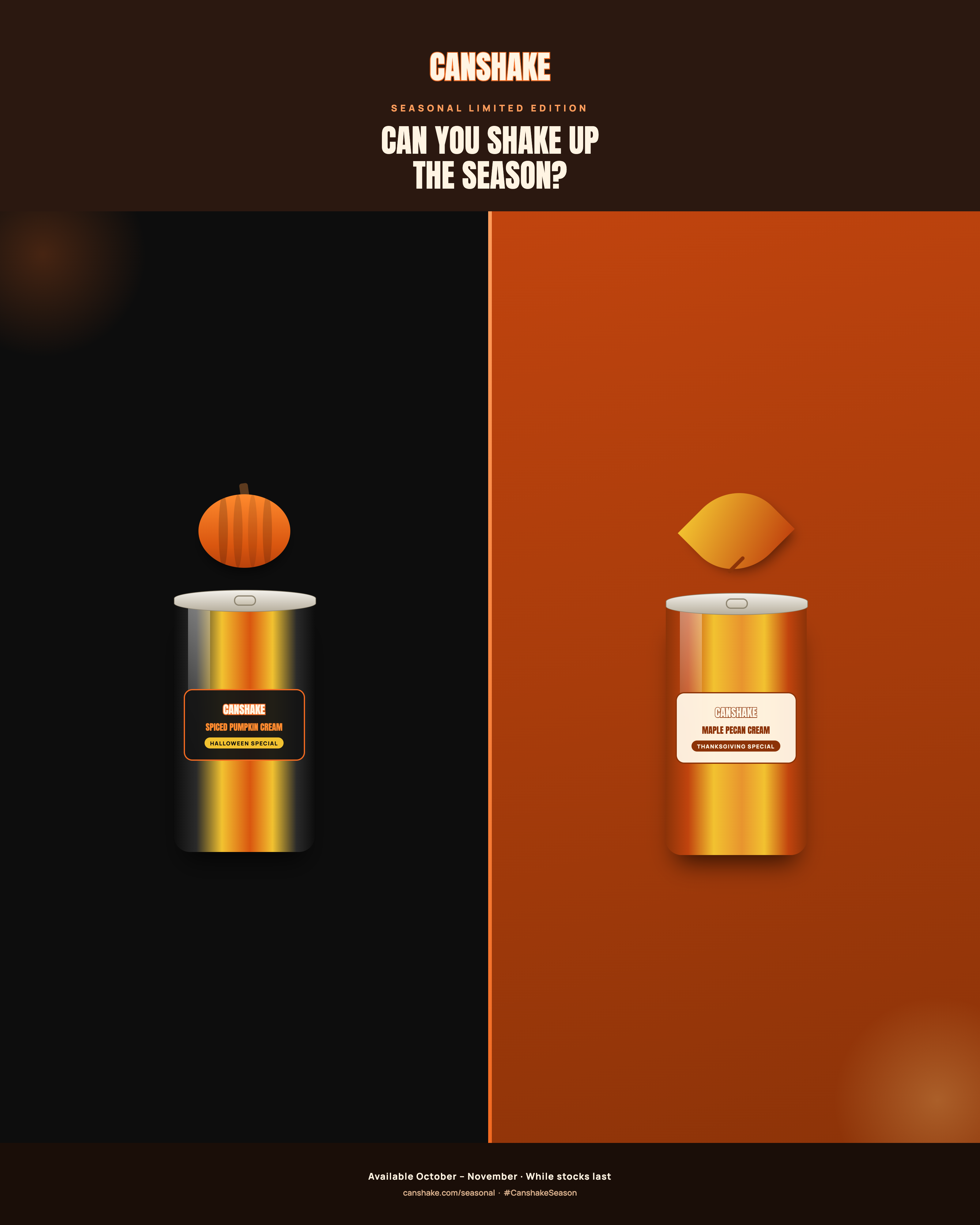 CanShake seasonal limited edition campaign poster, Spiced Pumpkin Cream and Maple Pecan Cream
