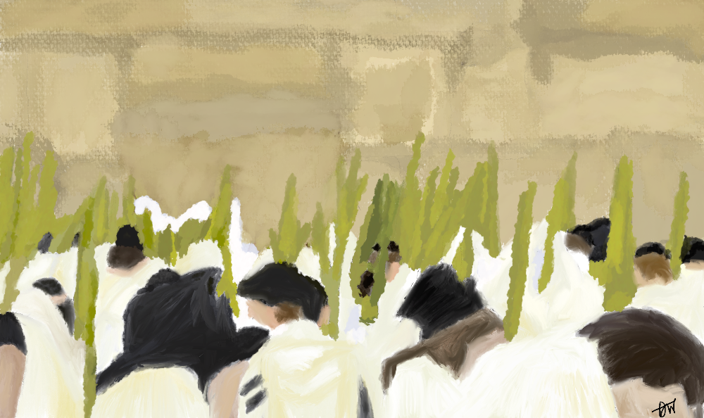 Bespoke commission of worshippers with lulav at the Kotel on Hoshana Rabbah