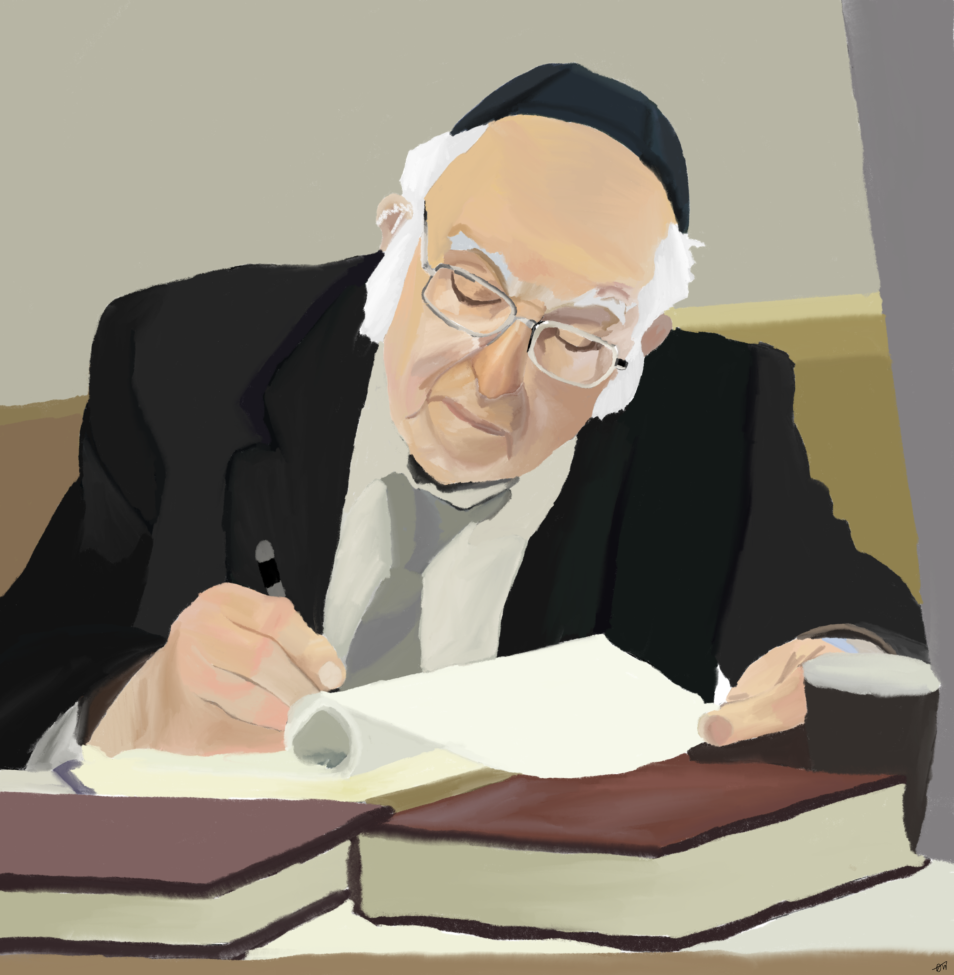 Bespoke rabbi commission — portrait of a beloved rabbinic leader writing at his desk