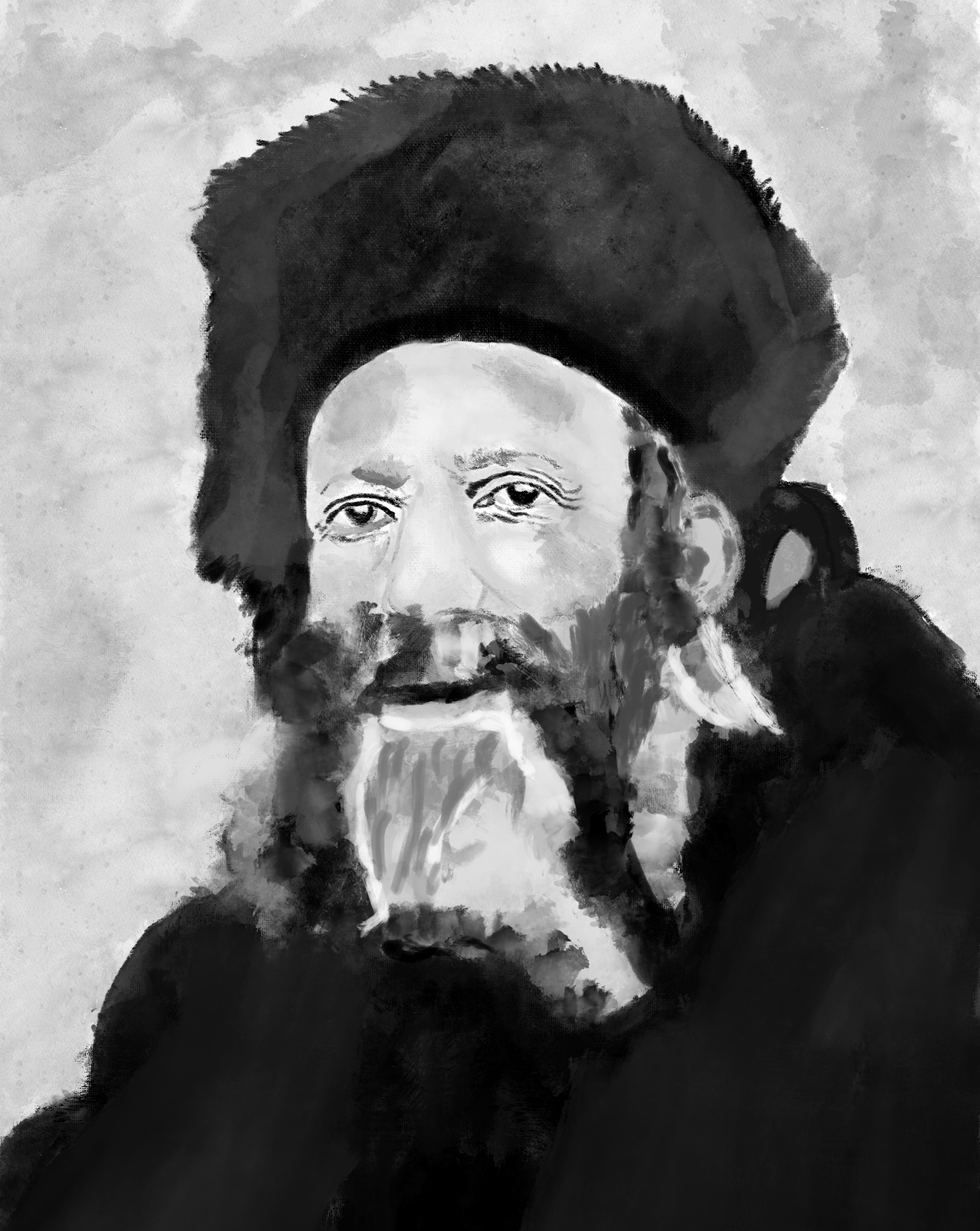 Bespoke rabbi commission — monochrome portrait of a beloved rabbinic leader